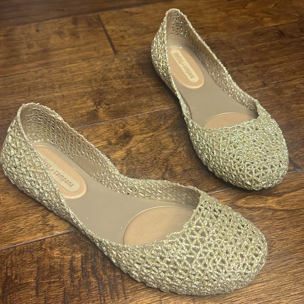 Melissa Gold Glitter Campana Papel Jelly Ballet Flats, size 6